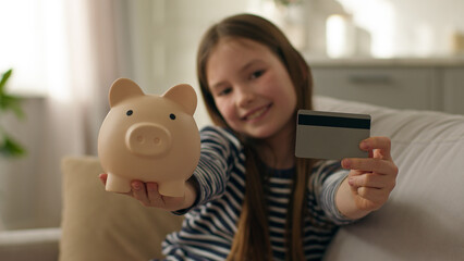 Happy little girl show at camera piggy bank credit debit card banking money finance smiling budget...
