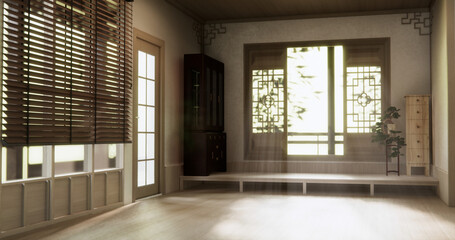 Empty room,Clean japanese traditional style wooden design minimalist room interior, 3D rendering