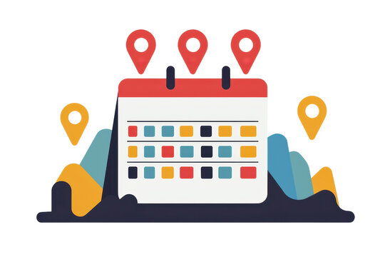 Colorful calendar with location markers symbolizing event planning and scheduling over a mountain backdrop.