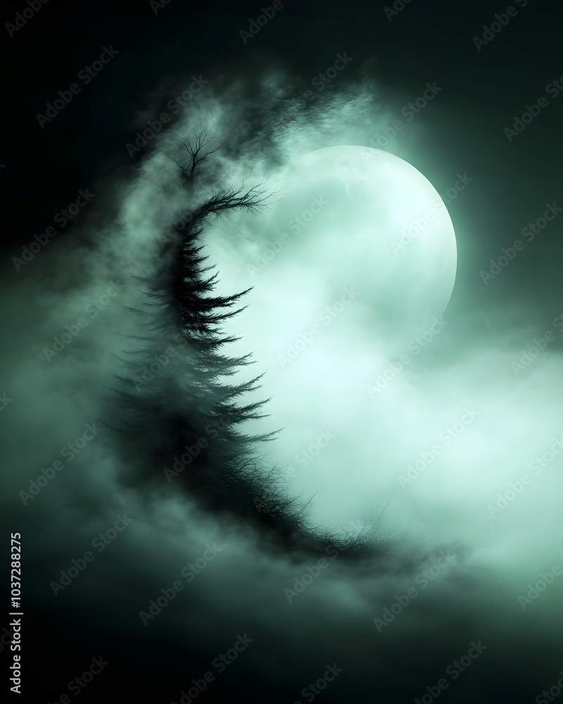 Poster mysterious spectral entity materializing from dense eerie fog in a haunting victorian gothic cemeter