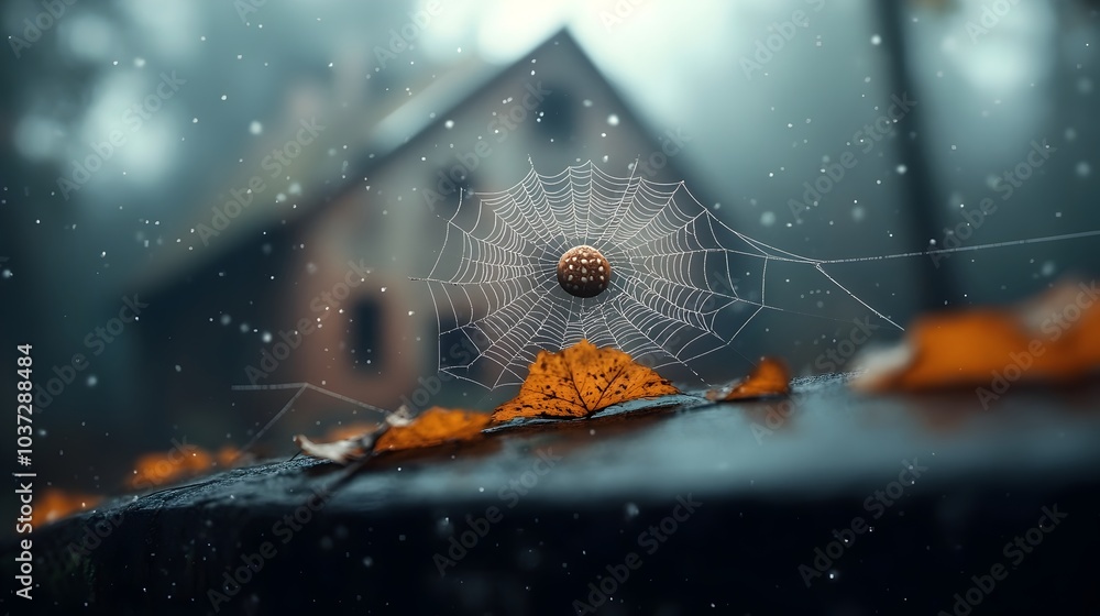 Poster creepy intricate spiderweb enveloping an old decrepit abandoned gothic style building creating an ee