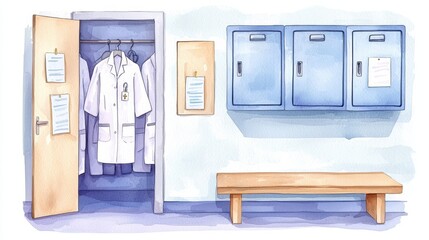 A serene medical locker room featuring hanging lab coats, a bench, and blue cabinets, evoking a sense of order and professionalism.