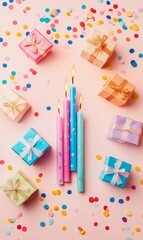 Birthday candles and presents with confetti.