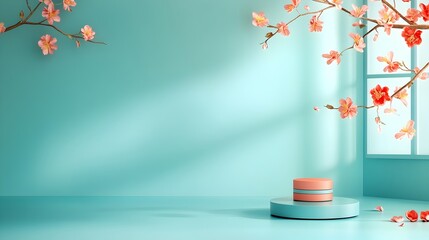 Visually striking 3D studio room scene with vibrant floral background empty floor and wall with product podium natural shadow overlay from window to countertop