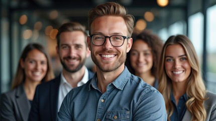 Obraz premium Diverse Group of Business Professionals in Modern Office Setting - Teamwork, Collaboration, and Leadership in Corporate Environment