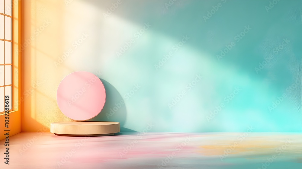 Poster serene and elegant 3d render of a dreamy pastel gradient studio room with an empty minimalist produc