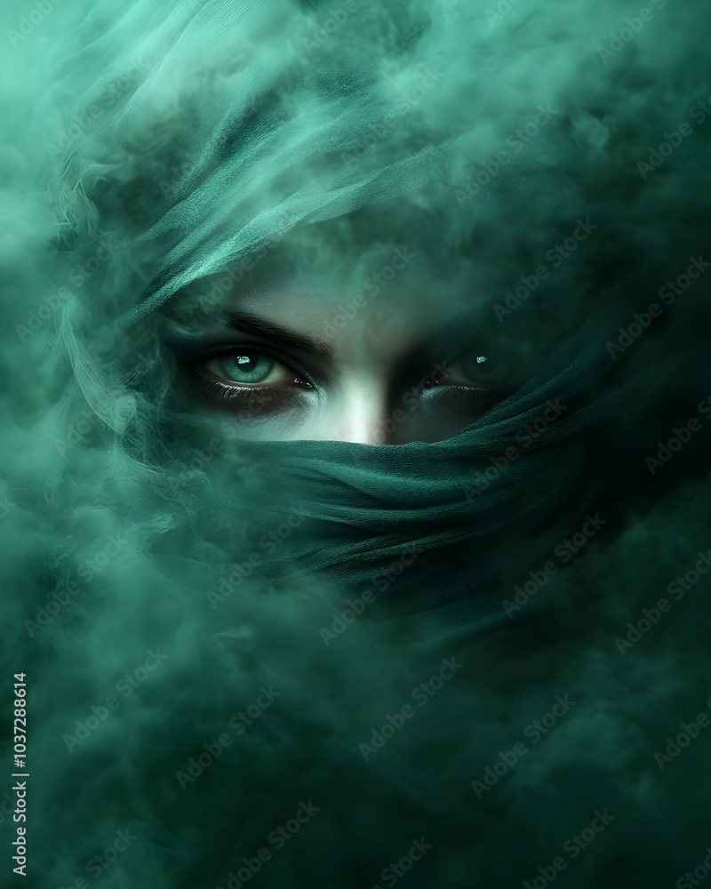 Poster mysterious spectre or phantom entity materializing from dense wispy fog on an eerie all hallows eve 