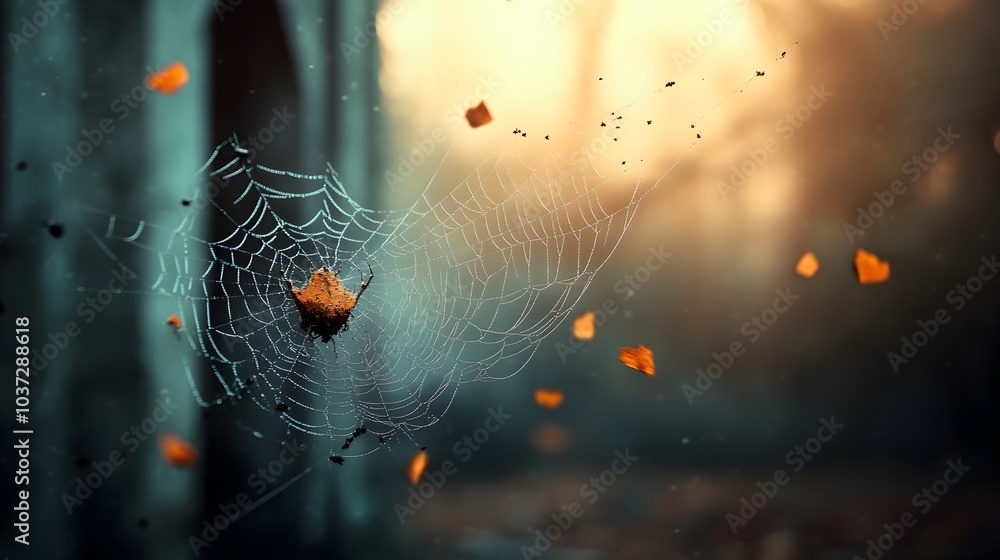 Poster intricate spider web envelops an old decrepit abandoned building creating an eerie and foreboding at