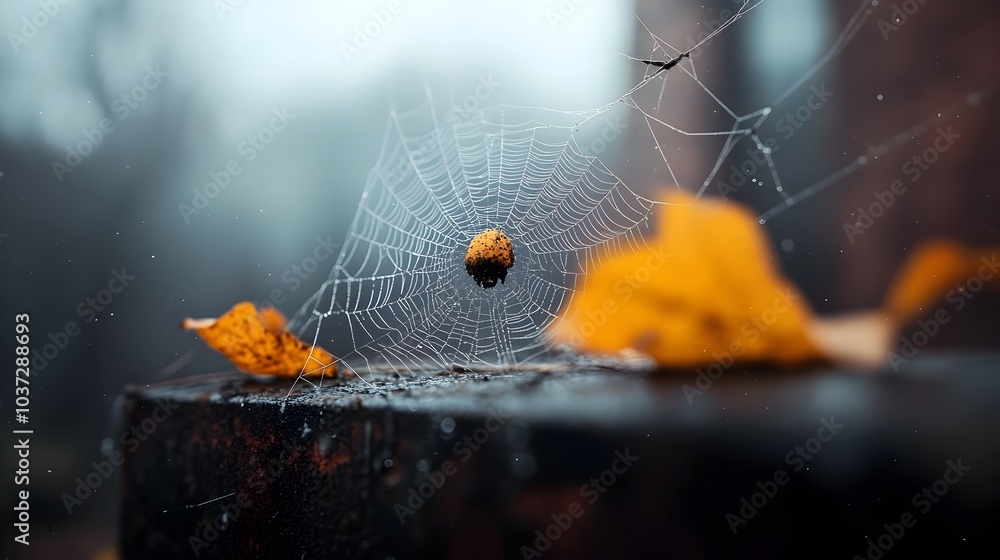 Poster creepy crawling spider web enveloping an old decrepit abandoned gothic architectural building with i