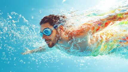 Naklejka premium A swimmer gliding effortlessly through clear blue waters under the sun\'s warm embrace, showcasing athletic grace and determination