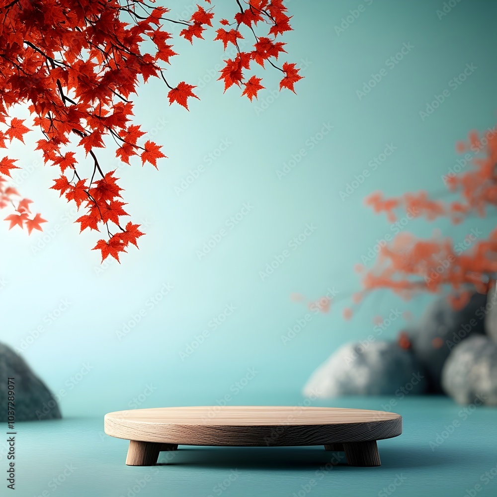 Poster wooden round dais resting on a surface with red maple foliage hanging gracefully in the background p