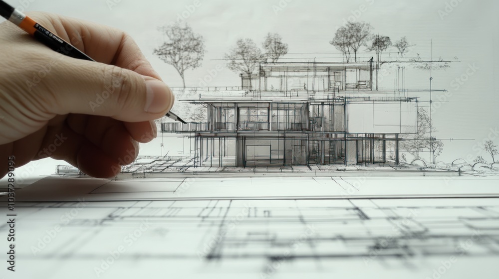 Poster a hand sketches architectural plans of a modern building with trees in the background.