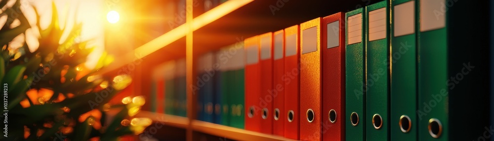 Poster a brightly lit bookshelf filled with colorful binders, showcasing the organization of documents in a