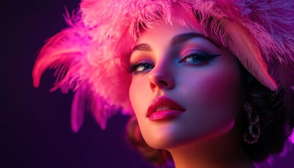 Fototapeta premium Woman in a vintage feathered headpiece, vibrant purple background, glamorous 1920s style, studio lighting