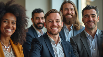 Obraz premium Diverse Group of Business Professionals in Modern Office Setting - Teamwork, Collaboration, and Leadership in Corporate Environment
