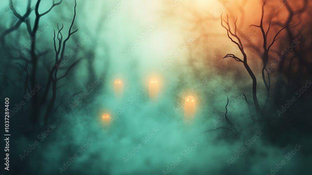 Poster ghostly glowing apparitions drifting between twisted bare branched trees in a fog enshrouded autumna