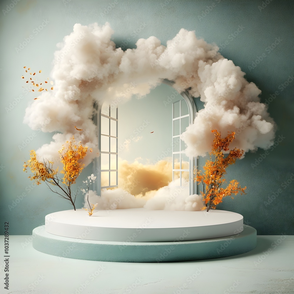 Poster serene and elegant 3d studio interior setting with gossamer cloud backdrop designed for product visu