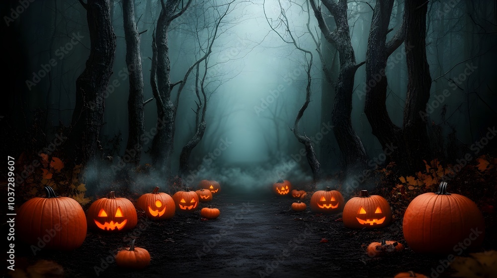 Poster spooky and atmospheric forest path lined with gnarled twisted trees on all hallows eve dark and fore