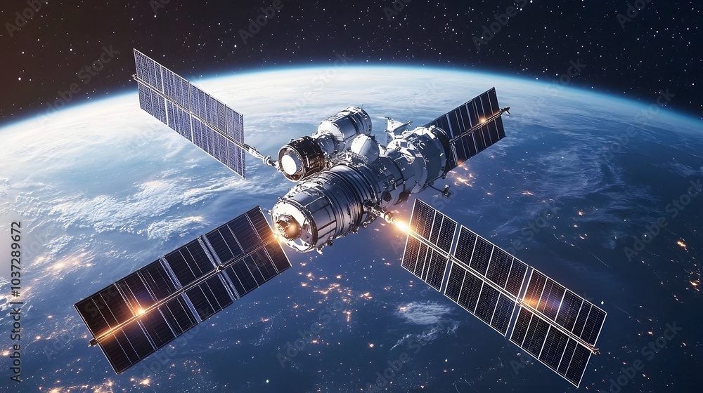 Poster a satellite or space station orbits earth, showcasing solar panels and advanced technology against t