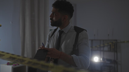 A young bearded detective takes notes at a dimly lit crime scene inside an apartment.