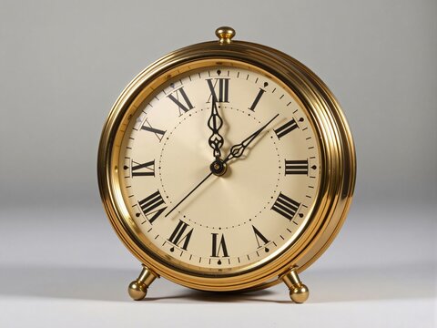 Elegant gold alarm clock showing five minutes to twelve - Powered by Adobe