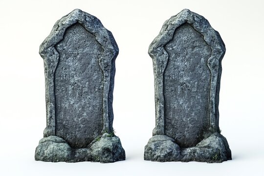 Deux pierres tombales anciennes sculpt&eacute;es en pierre sombre
