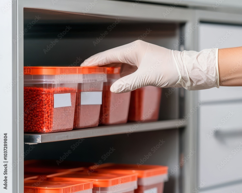Poster a gloved hand reaches for containers of red substances stored on a shelf, highlighting organization 