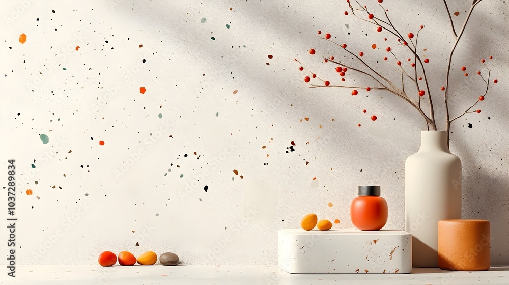 Poster serene 3d studio setting featuring a terrazzo tile motif a clean product plinth and soft shadows cas