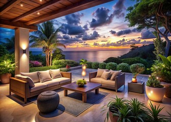 Luxury Villa Patio with Stunning Ocean View in Low Light Photography for Dreamy Getaways and Relaxation