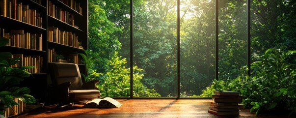 A serene reading nook with bookshelves, sunlight streaming through large windows, surrounded by lush greenery and plants, creating a cozy, inviting atmosphere.