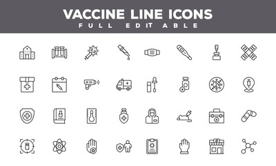 Editable Vaccine Line Icons Set | Healthcare & Medical Outline Symbols