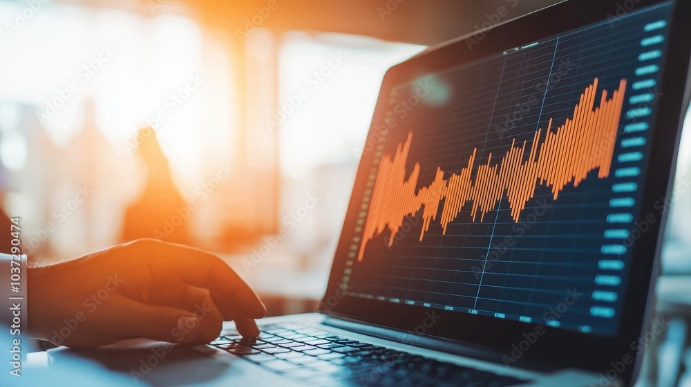Poster a hand interacts with a laptop displaying vibrant financial graphs against a sunlit background, emph
