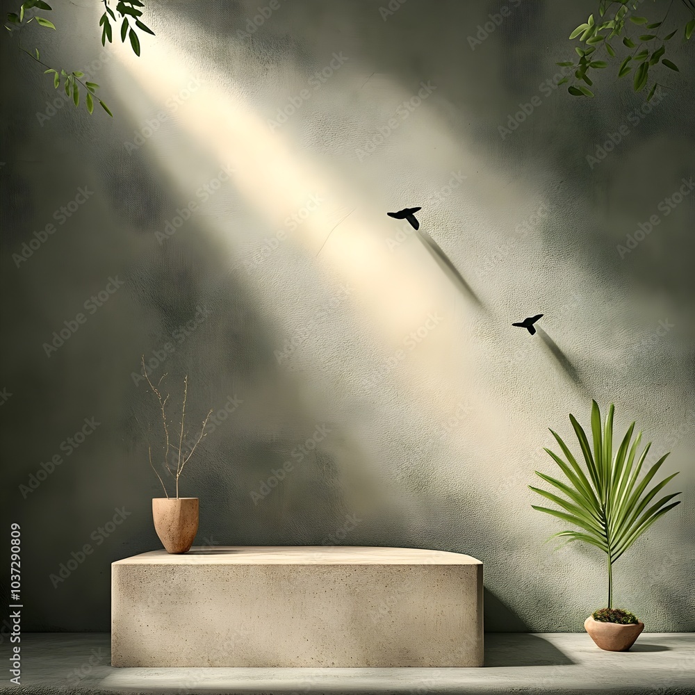 Poster minimalist 3d product showcase in a modern industrial studio setting with directional lighting casti