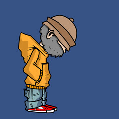 Stylish Cartoon Character in Orange Hoodie on Blue Background.showcasing urban street style and creative design.