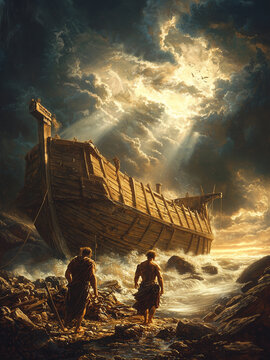 The Creation of Deucalion&rsquo;s Ark - ship, ocean, storm, adventure, exploration, sea, sunset, travel, shipwreck, clouds, nature, scenery, horizon, ancient ship, maritime, dramatic sky