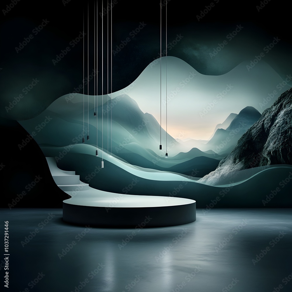 Poster sleek high tech 3d showroom with a chrome and glass display platform dramatic chiaroscuro lighting a