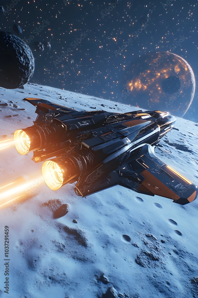 Poster a sleek spaceship takes off from a snowy lunar surface, with fiery thrusters glowing against a starr