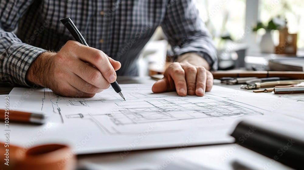 Poster man drawing plans on table with tools around