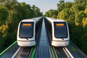 Futuristic train system elevated above lush greenery, showcasing modern transport technology.