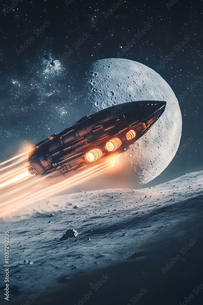 Poster A futuristic spaceship soaring through space near a large moon, with glowing engines and a starry backdrop.