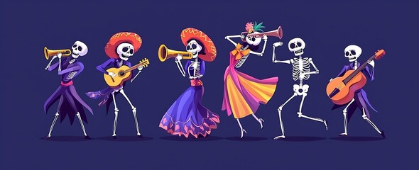 Flat vector illustration of day of the dead dancing skeletons