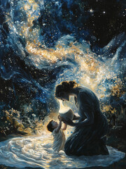 Fototapeta premium The Creation of the Milky Way - mother, child, space, galaxy, love, fantasy, universe, stars, nurturing, cosmic, light, connection, serenity, dreamlike, tenderness