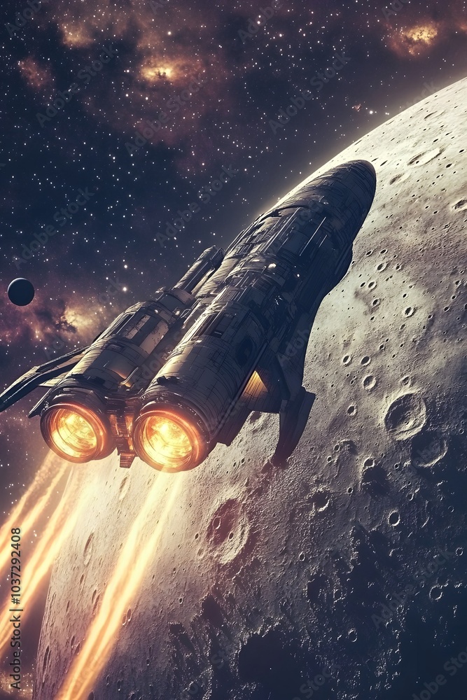 Poster a futuristic spaceship propels through space near a moon, with glowing thrusters amid a starry backd