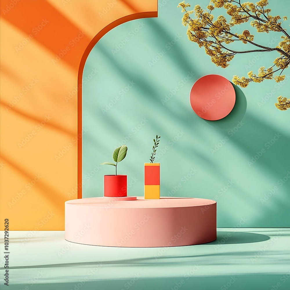 Poster radiant and sleek 3d studio space with vibrant colors clean lines and simple geometric forms a produ
