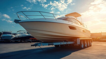 A sleek white motorboat resting on a trailer beneath a vibrant sunset at a bustling marina in early evening