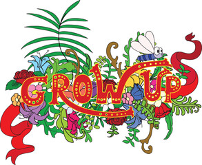 grow up lettering with plants, leaves, and flowers doodles vector image stock