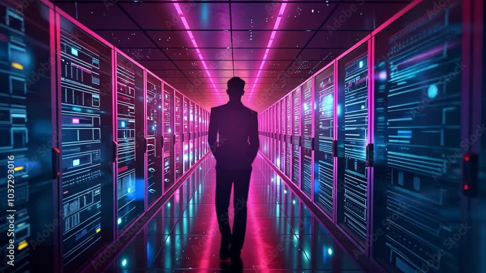 Poster a person walks confidently through a modern data center, where bright pink and blue lights create a 