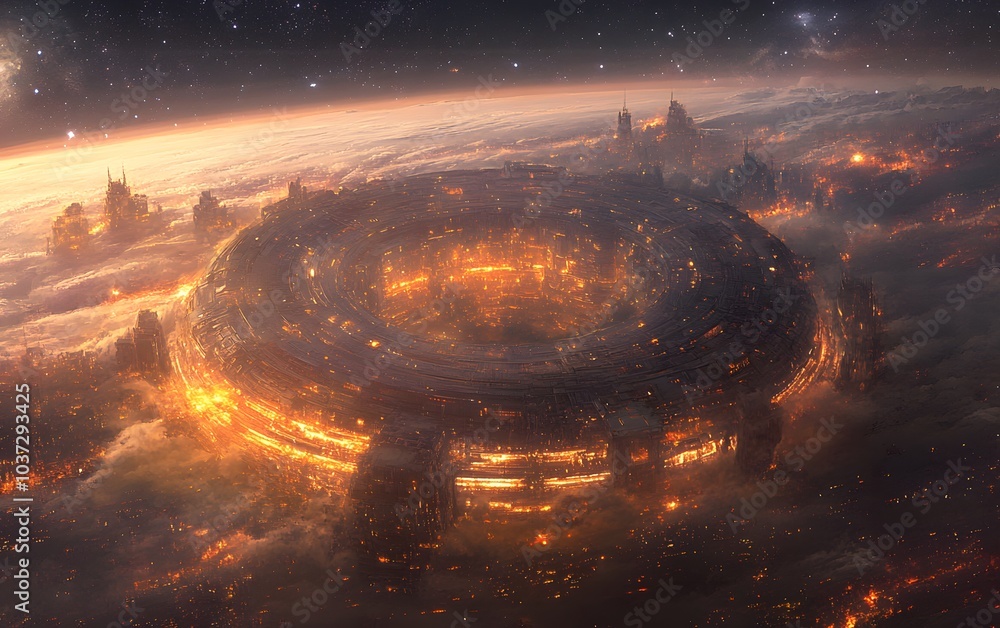 Poster a stunning cosmic cityscape featuring a glowing, circular structure surrounded by stars and atmosphe