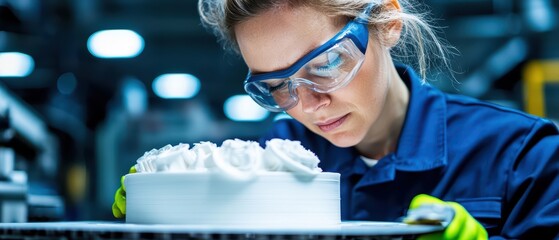 A focused worker inspecting a manufactured component with safety gear for quality control in a factory setting.