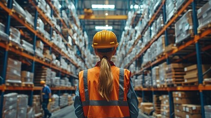 Fototapeta premium woman wearing a hard hat and orange safety vest is standing in a large warehouse, looking toward shelves stacked with boxes. The warehouse appears busy, with other workers visible in the background.